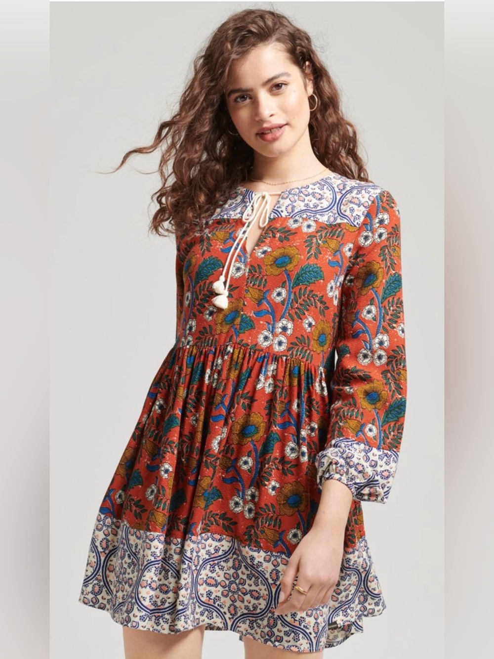 Superdry Bohemian Rust Floral Tie-Neck Peasant Dress NWOT
